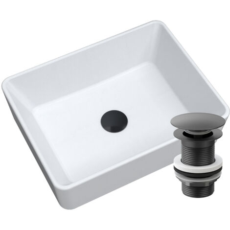 Lavabo en granit à poser Granitan Merano blanc avec bonde clic-clac noire