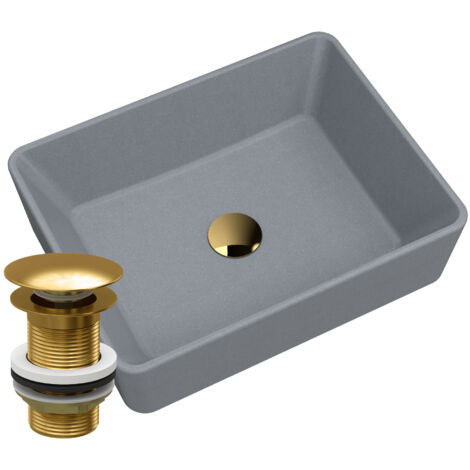 Lavabo en granit à poser Merano gris avec bonde clic-clac dorée