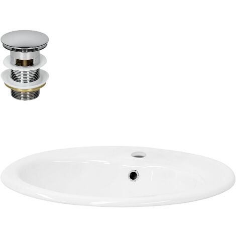Lavabo encastré céramique blanc brillant ovale avec bonde vidange 57x48,5x19,5cm