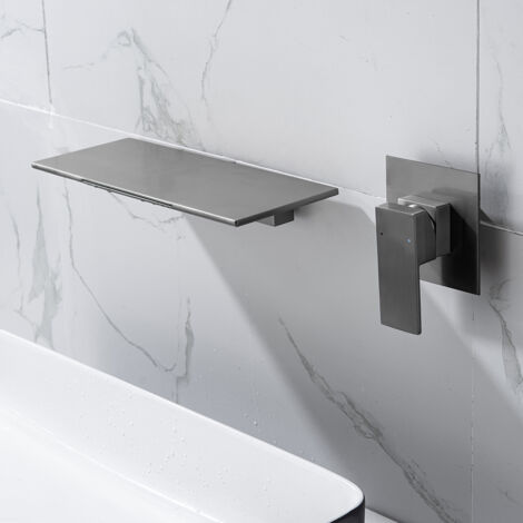 Lavabo entièrement en cuivre gris anthracite avec double poignée, robinet encastré pour eau chaude et froide, robinet de lavabo mural.