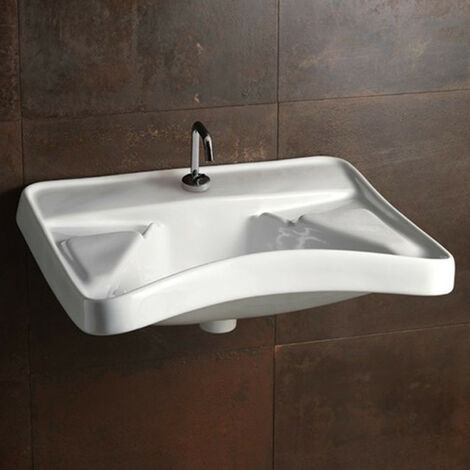 Lavabo Ergonomico 56.5x66 cm Alt.26 cm - Monoforo Rubinetteria In Ceramica Bianco Lucido - Per Disabili - Mobilità Ridotta