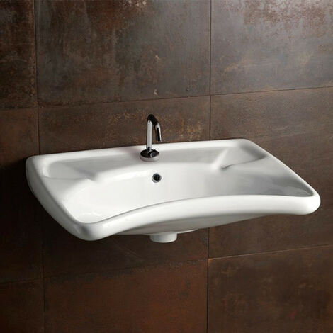 Lavabo Ergonomico 67x64.5xh21 cm - Con Foro Troppopieno In Ceramica Bianco Lucido - Per Disabili - Mobilit Ridotta