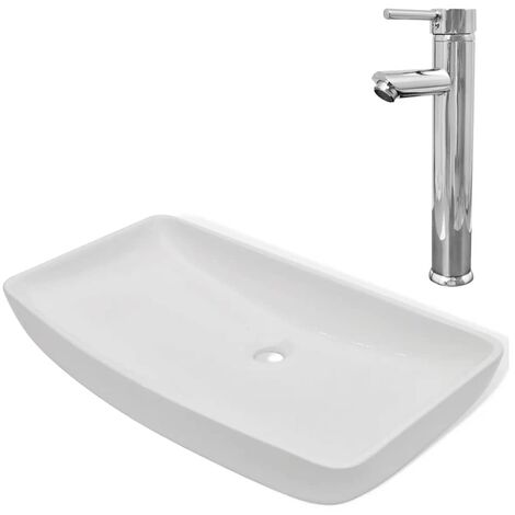 Lavabo et mitigeur céramique rectangulaire 71 x 38 cm blanc