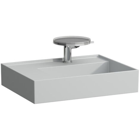 Lavabo KARTELL 600 x 460 mm, étagère à gauche sans trop-plein, 3 trous de robinetterie design gris LAUFEN