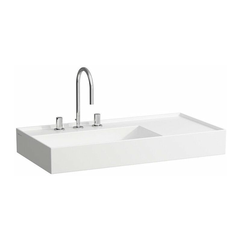 

Lavabo KARTELL 900 x 460 mm, balda a la derecha sin rebosadero, diseño de 3 orificios para grifería blanco LAUFEN