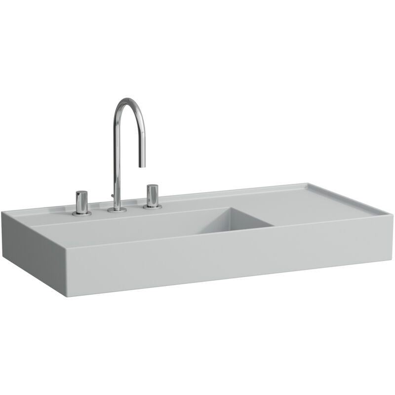 

Lavabo KARTELL 900 x 460 mm, balda derecha sin rebosadero, diseño de 3 orificios para grifería gris LAUFEN