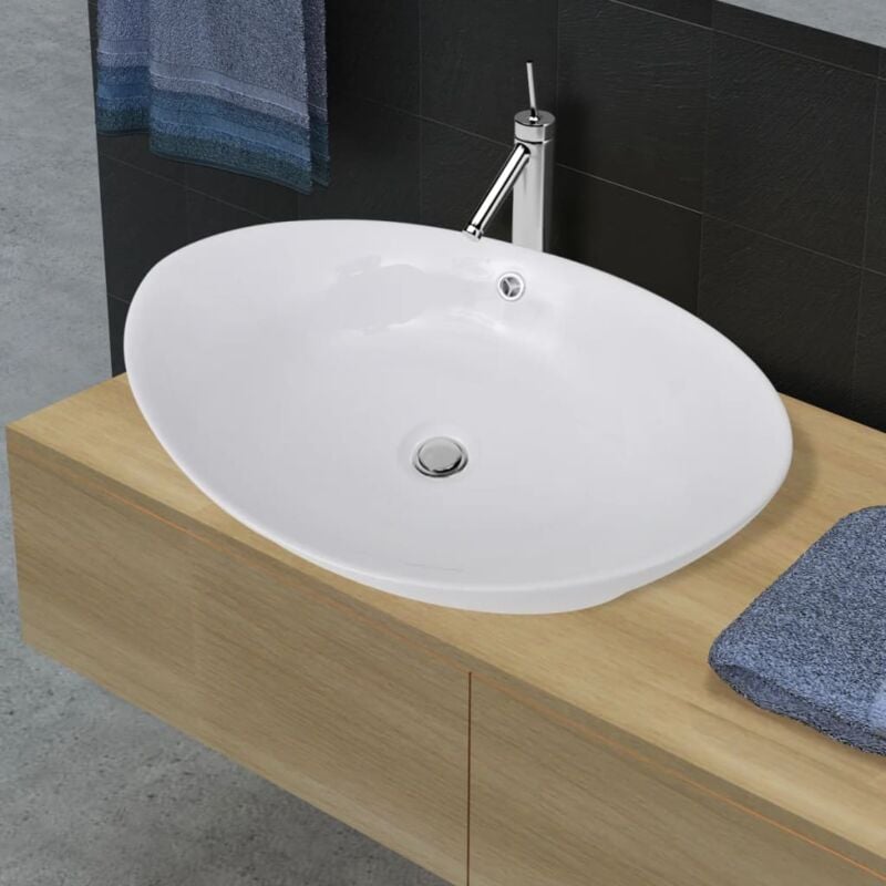 Lavabo Lave-Mains Évier Lavabo Vasque salle de bain ovale en céramique avec trop plein 59 x 38,5 cm