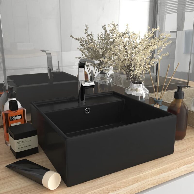 

Lavabo lujoso cuadrado rebosadero cerámica negro mate 41x41 cm