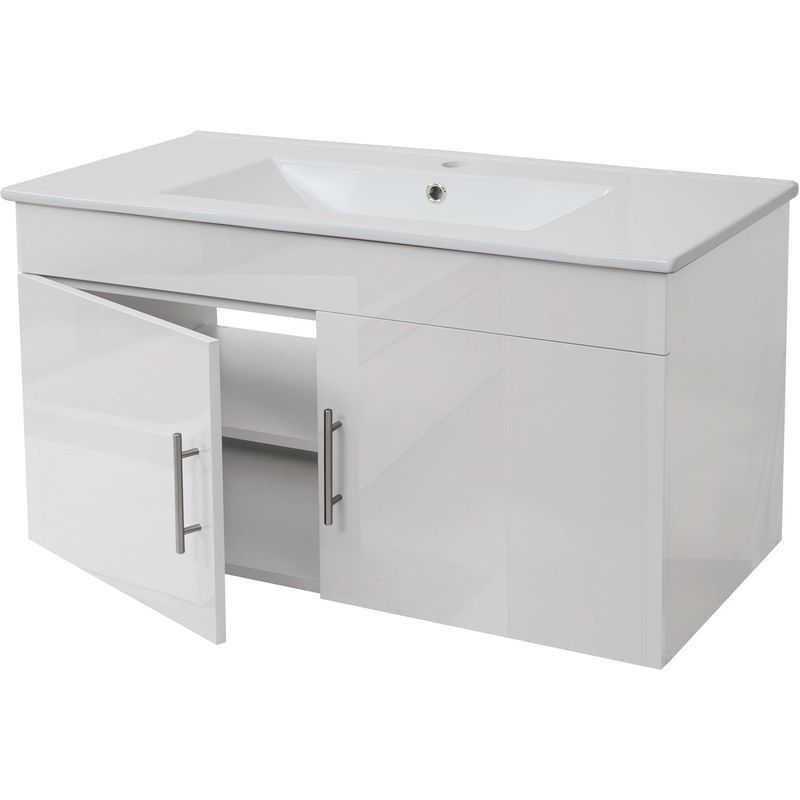 Lavabo + meuble sous évier HHG 241, meuble sous vasque, poli miroir 90cm, blanc