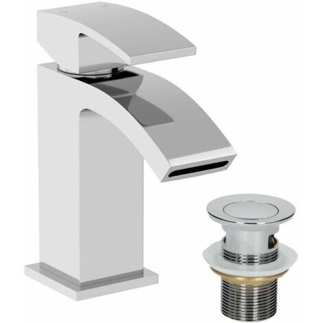 lavabo moderne à une vasque, robinet mitigeur, bonde à fente, bec courbé, finition chromée, salle de bain