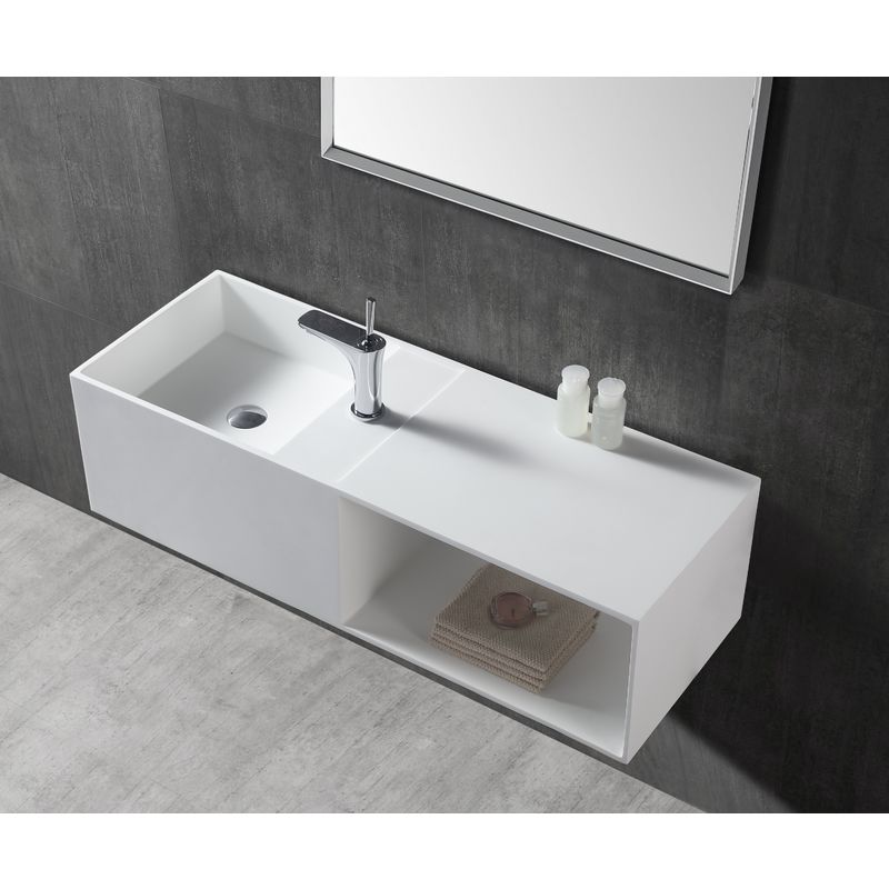 Lavabo de pared TWG36 en fundición mineral - 110 x 40 x 30 cm - blanco mate - con repisa a la derecha