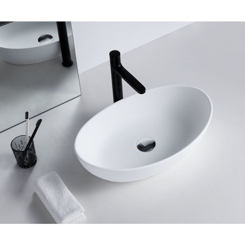 Lavabo de encimera PB2004 de resina mineral Solid Surface - 55x35x14,5 cm - en blanco mate o brillo intenso:Blanco (alto brillo)