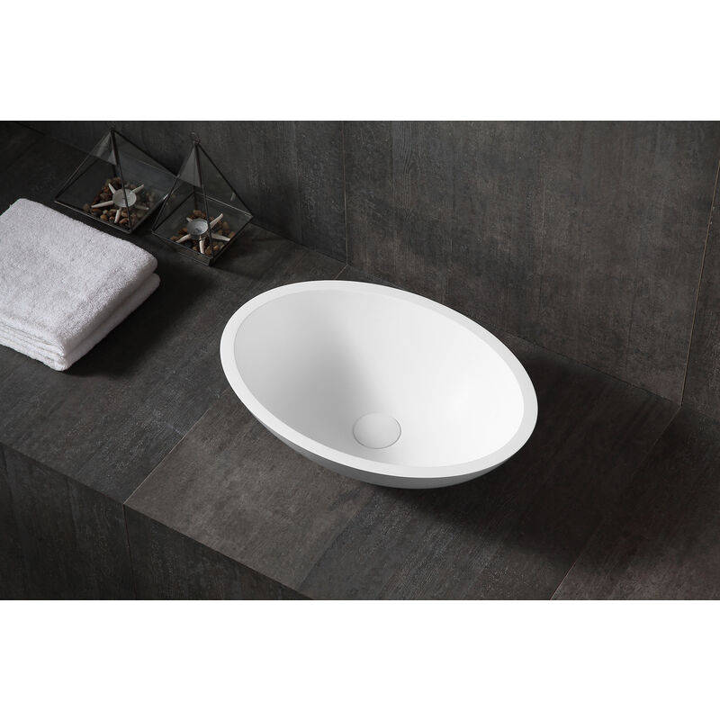 Lavabo de encimera TW2106 en resina mineral Solid Surface - Brillo intenso - 50 x 35 x 15 cm:Con sistema de drenaje, Con adicional. Cubierta en blanco