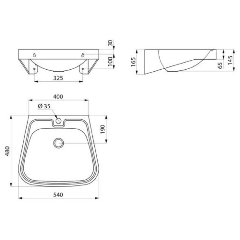 Lavabo mural 540x480 mm en Inox 304 satiné Fraju avec trou de robinetterie centré Ø35 et sans trop plein Delabie