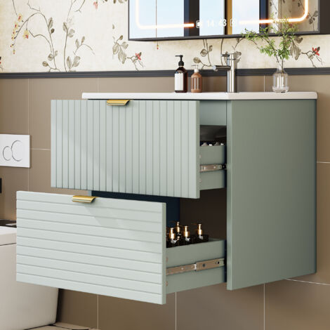 Lavabo mural 61x46x57cm, MDF laqué mat, deux tiroirs silencieux, façades à structure horizontale et verticale, vasque intégrée, vert menthe