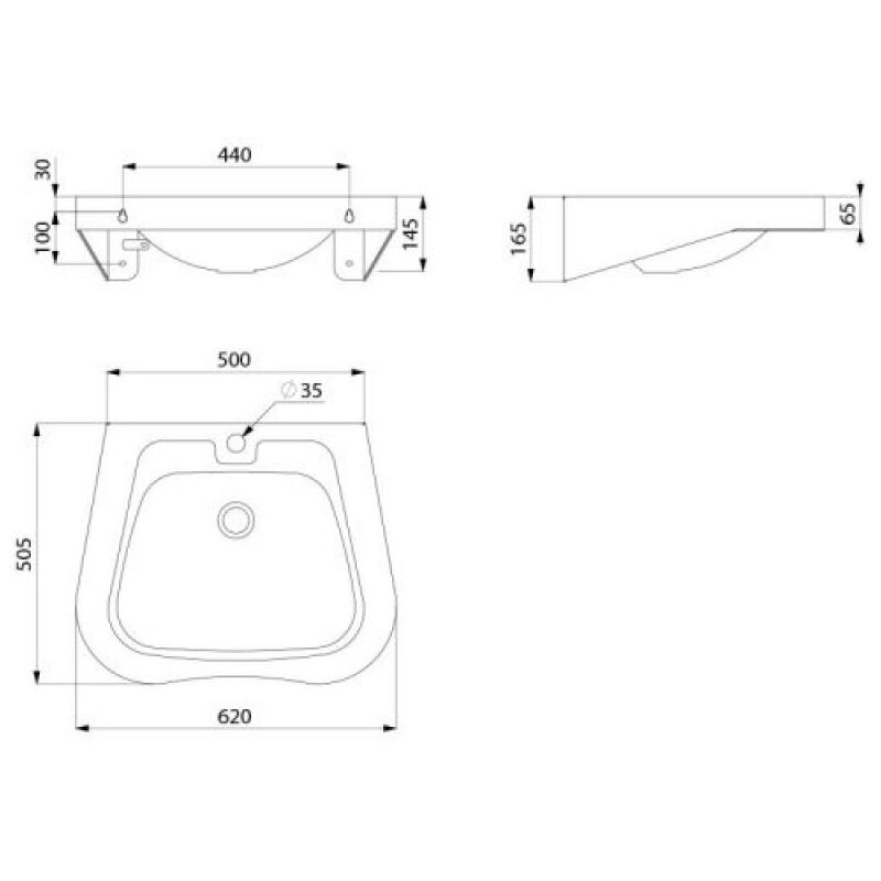Lavabo mural 620x505 mm en Inox 304 satiné Fraju pmr avec trou de robinetterie centré Ø35 et sans trop plein Delabie