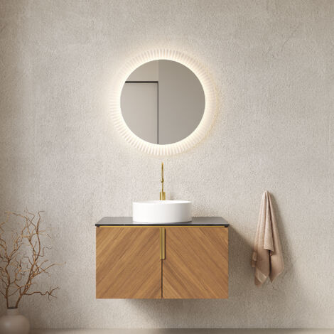Lavabo mural 76 cm avec vasque ronde blanche en céramique, plan de travail noir en pierre frittée, meuble en contreplaqué à 2 portes, finition chêne brun aspect bois