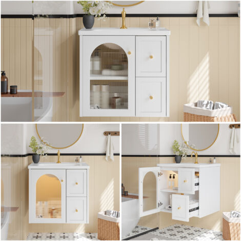 Lavabo mural avec vasque en céramique, éclairage LED, porte vitrée cannelée & poignées métalliques, meuble sous vasque à fermeture amortie, noir/blanc