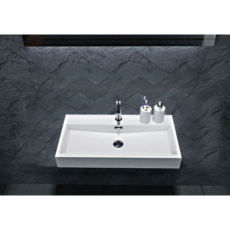 Bernstein - Lavabo mural / lavabo à poser en marbre coulé BS6002 -blanc- 76,5 cm et 100cm 76.5 cm - avec trou de robinetterie