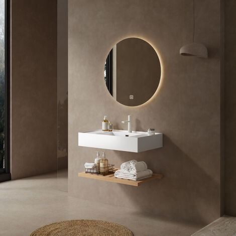 Lavabo mural rectangulaire en acrylique blanc avec planche à rayures (sans robinet) - Bois naturel