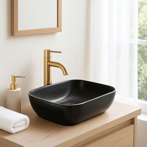 Lavabo negro mate borde dorado sobre encimera cerámico CUARTO 45,5 x 32,5 cm  45.5 x 32.5 cm