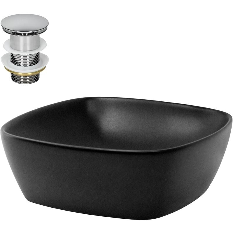Ml-design - Lavabo en Céramique Noir Mat, 405 x 405 x 150 mm, Carré, avec Bouchon de Vidange 1 1/4' Universel Push Open, Vasque à Poser Évier