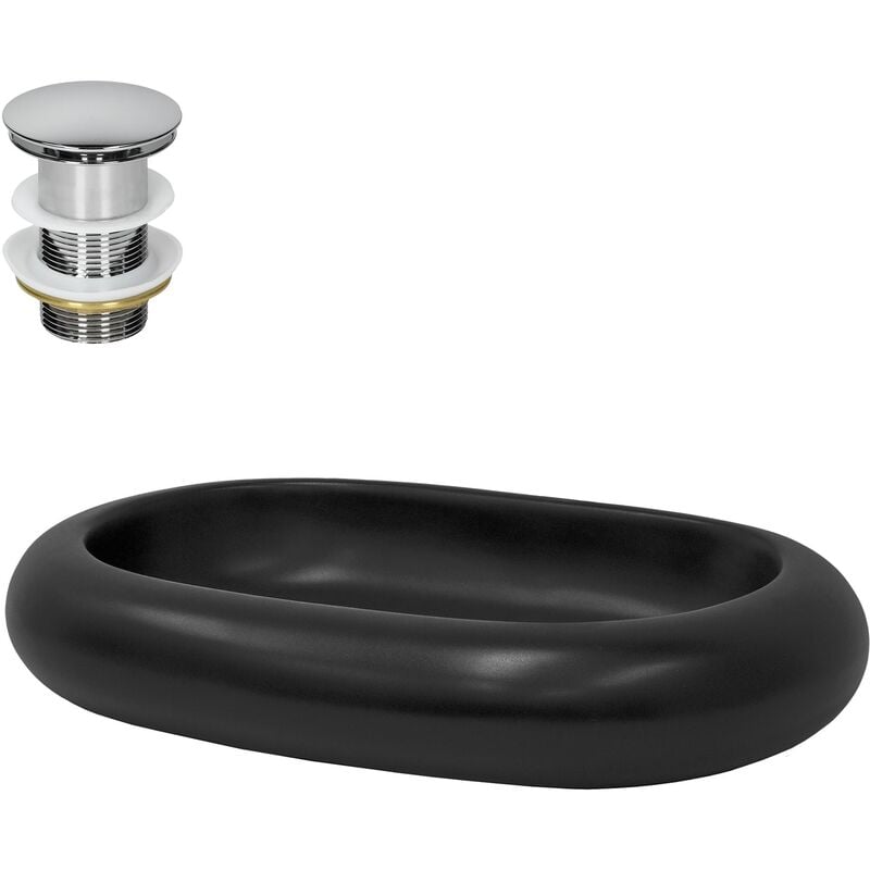 Ml-design - Lavabo en Céramique Noir Mat, 650 x 450 x 110 mm, Ovale, avec Bouchon de Vidange 1 1/4' Universel Push Open, Vasque à Poser Évier