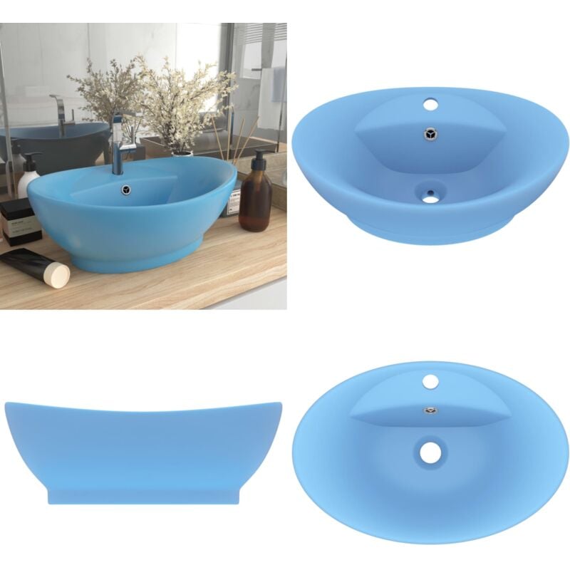 Lavabo ovale à trop-plein Bleu clair mat 58,5x39 cm Céramique - Lavabo Ovale - Lavabo Céramique - Lavabo Bleu - Lavabo Salle De Bain - Meuble Salle