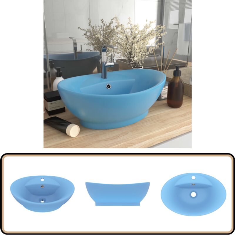 Lavabo ovale à trop-plein Bleu clair mat 58,5x39 cm Céramique - Lavabo Ovale - Lavabo Céramique - Lavabo Bleu - Lavabo Salle De Bain - Meuble Salle