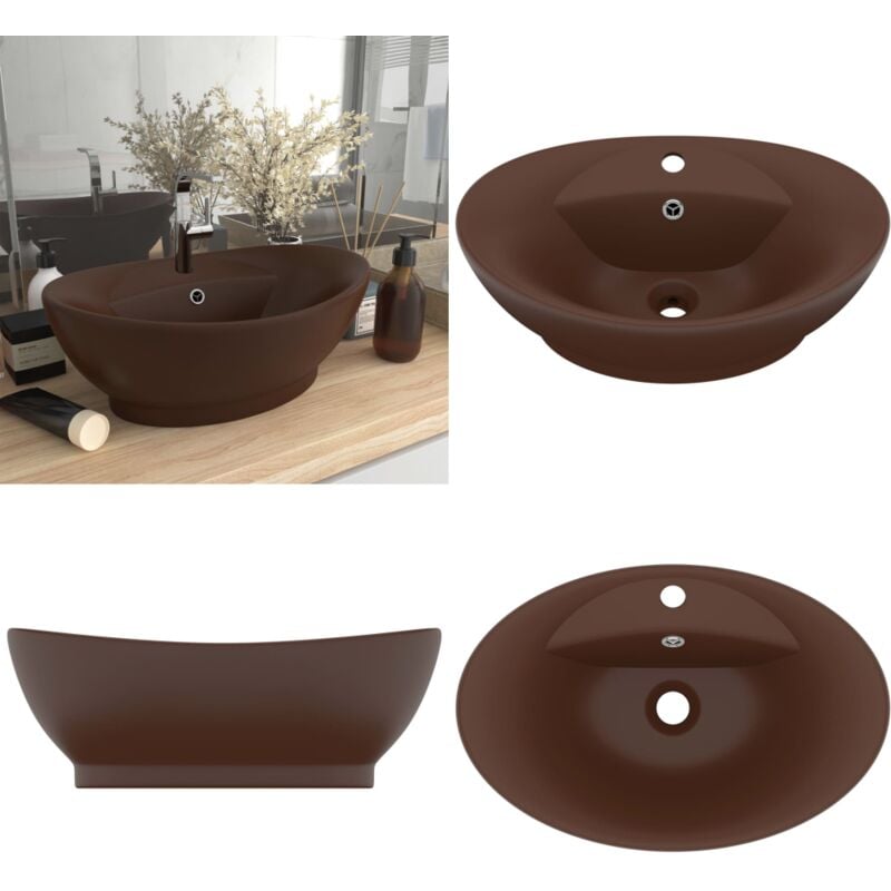 Lavabo ovale à trop-plein Marron foncé mat 58,5x39 cm Céramique - Lavabo Ovale - Lavabo Céramique - Lavabo Salle De Bain - Lavabo Design - Lavabo