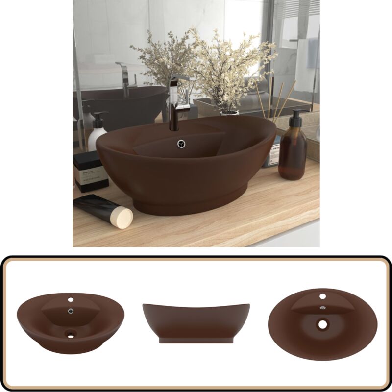Vidaxl - Lavabo ovale à trop-plein Marron foncé mat 58,5x39 cm Céramique - Lavabo Ovale - Lavabo Céramique - Lavabo Salle De Bain - Lavabo Design