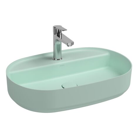 Lavabo ovale da appoggio senza troppo pieno in ceramica con foro rubinetto - Menta Opaco