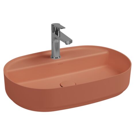 Lavabo ovale da appoggio senza troppo pieno in ceramica con foro rubinetto - Terracotta Opaco