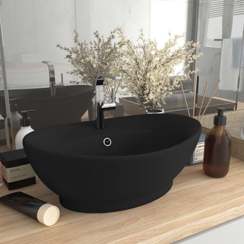 Vidaxl - Lavabo ovale de luxe à trop-plein Noir mat 58,5x39 cm Céramique
