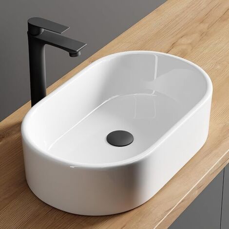 Lavabo ovale élégant Planetmöbel Aquil  Lavabo à poser pour salles de bains et toilettes invités  Lavabo sans trou de robinetterie ni trop-plein  Blanc, 55 x 34 x 14 cm