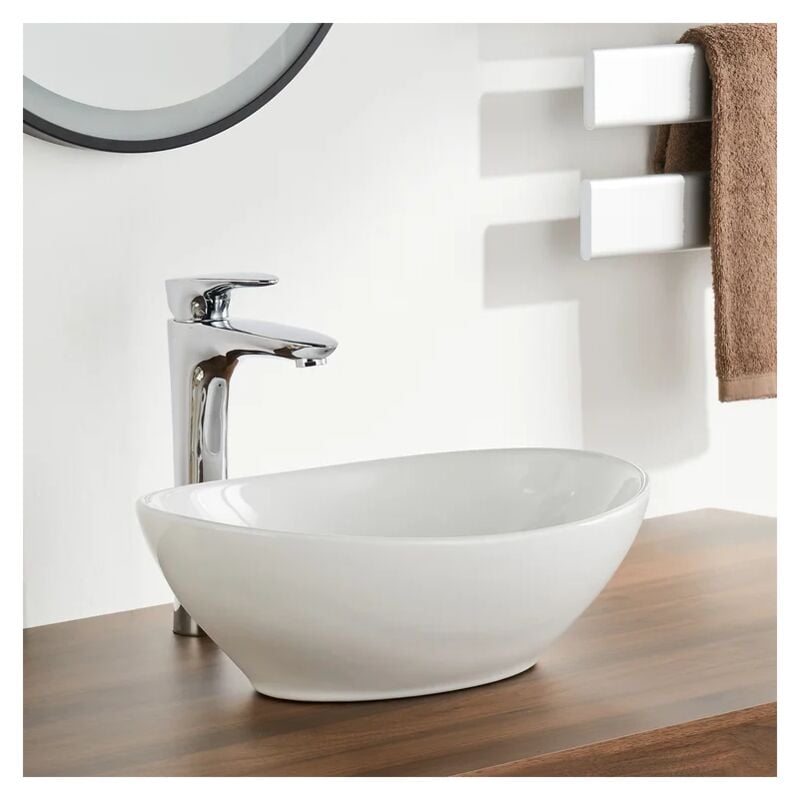 Lavabo Ovale Moderne en Céramique, Évier de Salle de Bain, Bac à Laver Blanc, 410 x 340 x 150mm