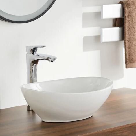 KEEPBUYING Lavabo Ovale Moderne en Céramique, Évier de Salle de Bain, Bac à Laver Blanc, 410x340x150mm