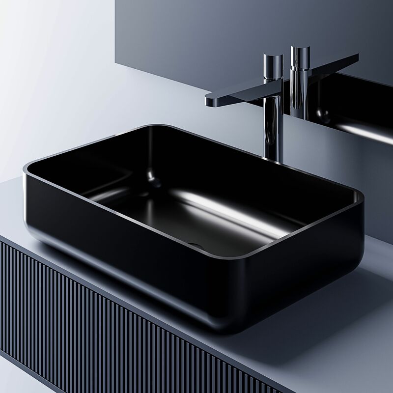 Lavabo de encimera PB2133 de resina mineral - en blanco o negro - 54 x 36 x 13 cm:Sin adicional. abertura, Negro (alto brillo)