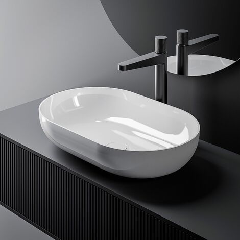 Lavabo para apoyar O-540 en fundición mineral (piedra de síntesis) - en blanco brillante - 54 x 34 x 10,5 cm