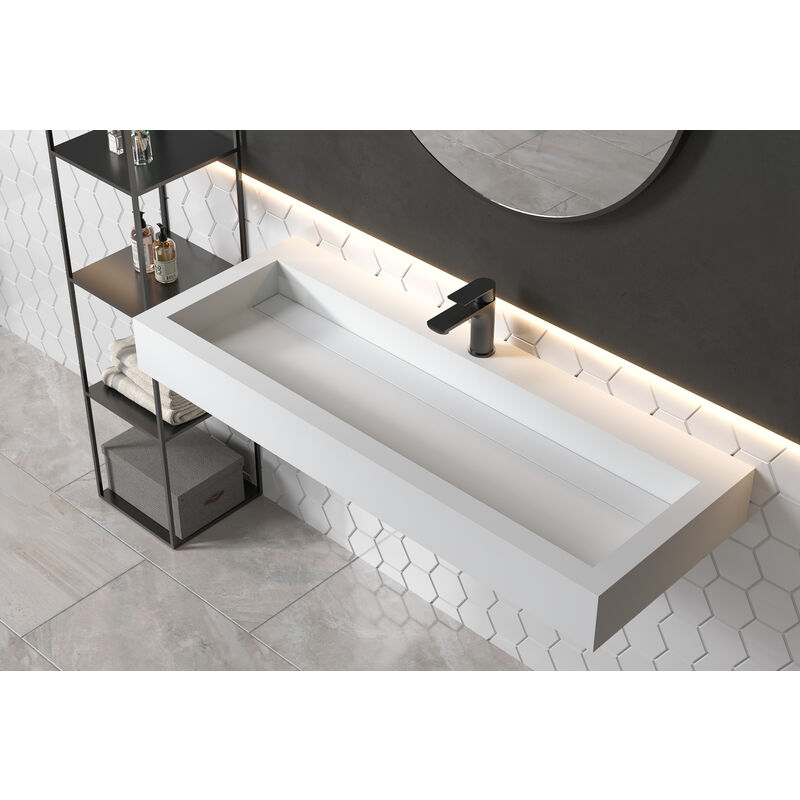 Lavabo de encimera o suspendido PB2079 de resina mineral -120 x 46 x 13 cm - blanco mate