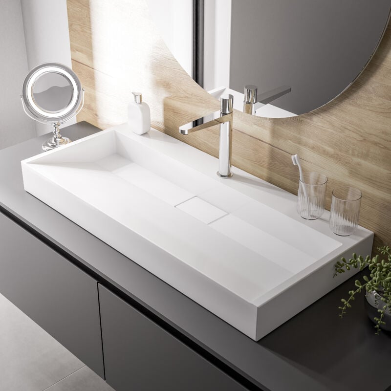 

Lavabo para apoyar o suspender en mármol artificial BS6001 - blanco - 70 cm / 100 cm / 120 cm:70 cm - con orificio para grifo