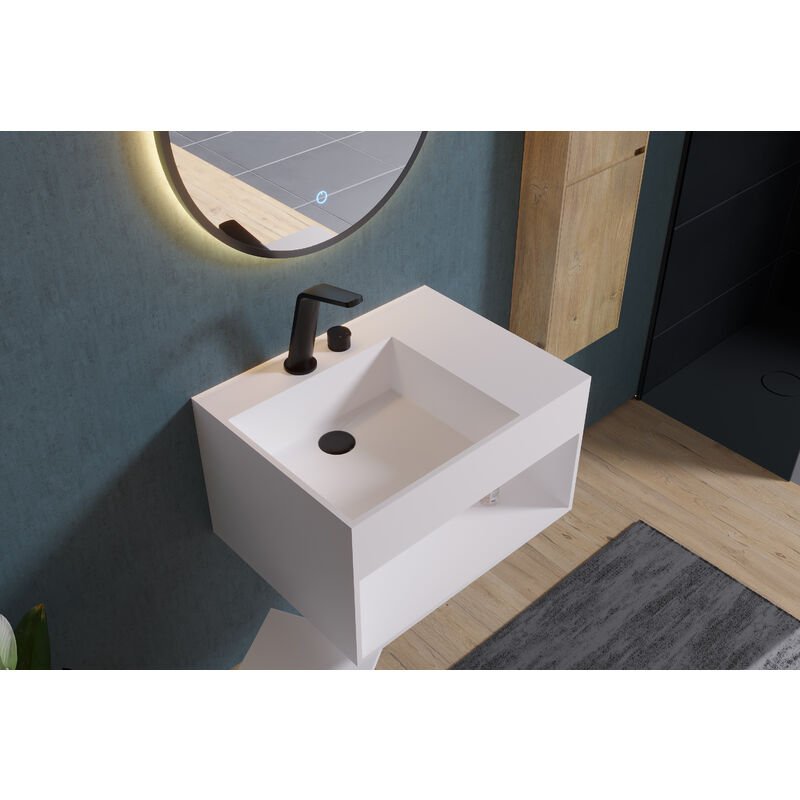 Lavabo suspendido con espacio de almacenamiento PB2158 de resina mineral (Solid Stone) - 60 x 46 x 45 cm - blanco mate