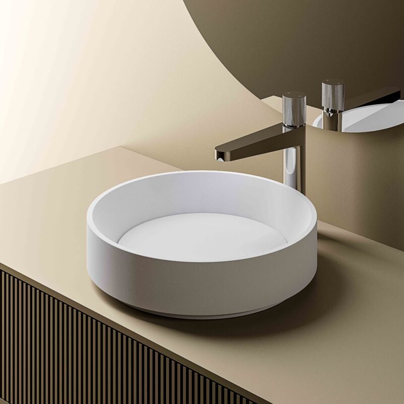 Bernstein - Vasque Lavabo rond design en fonte minérale à poser avec bonde NT2430 - 42x42x11cm - couleur au choix Blanc mat
