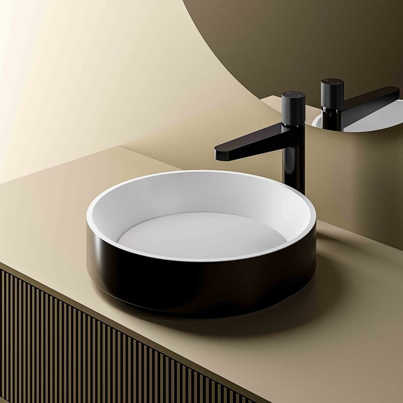 BERNSTEIN - Vasque Lavabo rond design en fonte minérale à poser avec bonde NT2430 - 42x42x11cm - couleur au choixNoir / Blanc (mat)