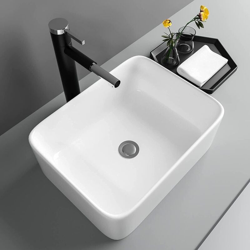 Lavabo Rectangulaire Moderne en Céramique, Évier de Salle de Bain, Bac à Laver Blanc, 400 x 300 x 135mm