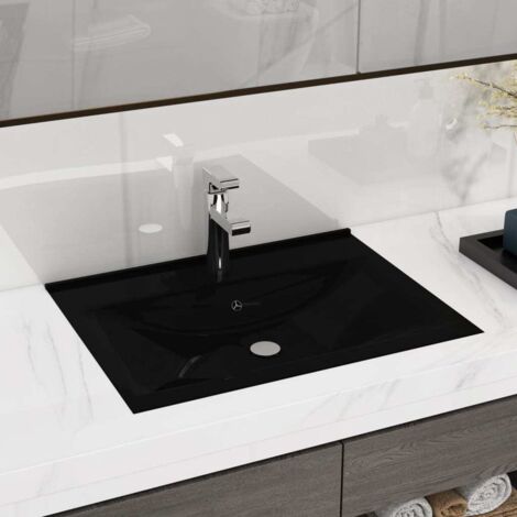 Lavabo rectangular cerámica orificio de grifo negro 60x46 cm vidaXL