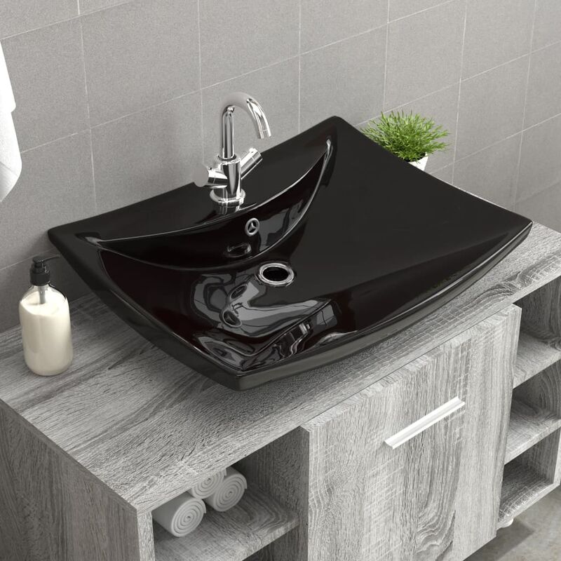 

Lavabo rectangular cerámica orificio de grifo y desagüe negro - Negro