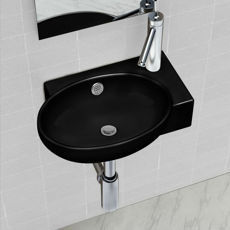 

Lavabo redondo de cerámica con orificio de grifo/desagüe negro