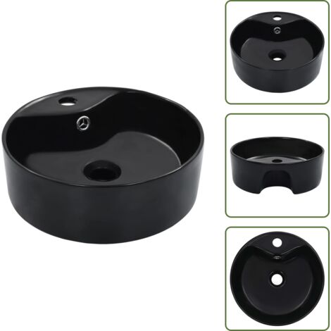 Lavabo redondo - vidaXL Lavabo con rebosadero 36x13 cm cerámica negro - Baño moderno