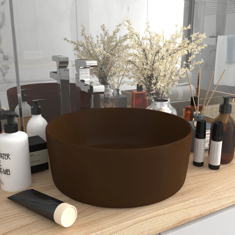 vidaXL Lavabo rond de luxe Marron foncé mat 40x15 cm Céramique